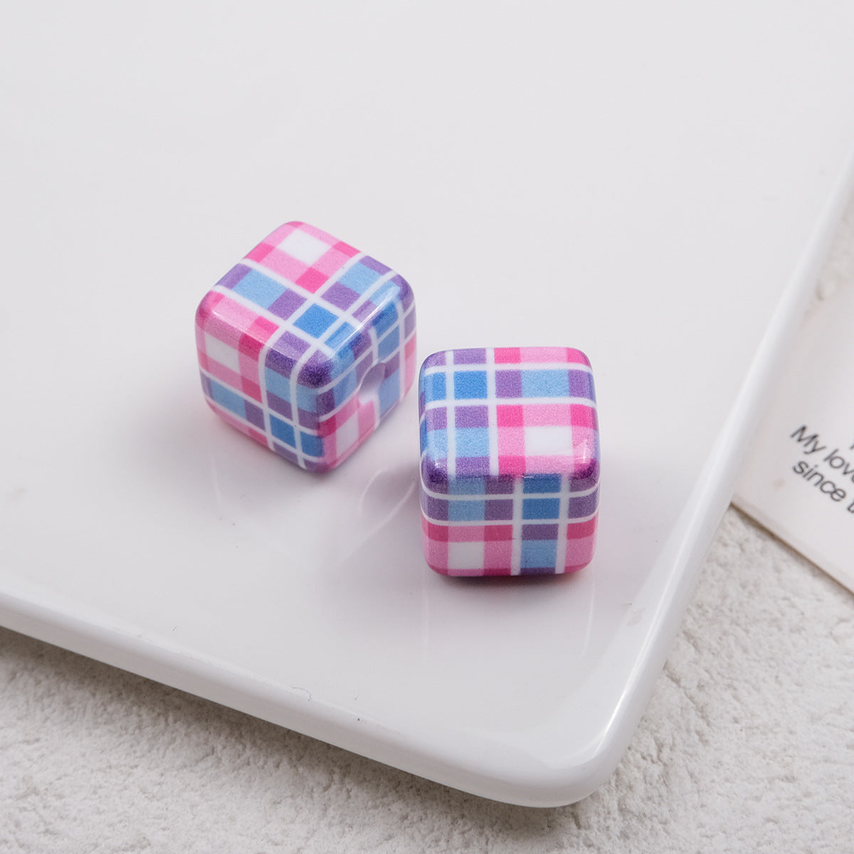 Baking Painted Square Acrylic Beads 14mm Plaid Colorful 50pcs 12