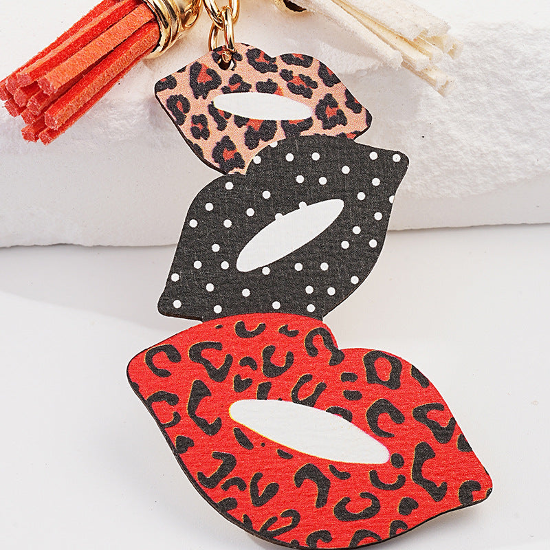 Metal Lip Keychain Vibrant Leopard Polka Dot Tassel 13cm 3