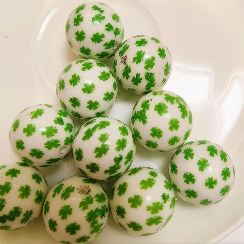Printed Bubblegum Beads 20mm St. Patrick's Day Shamrock Green 10pcs