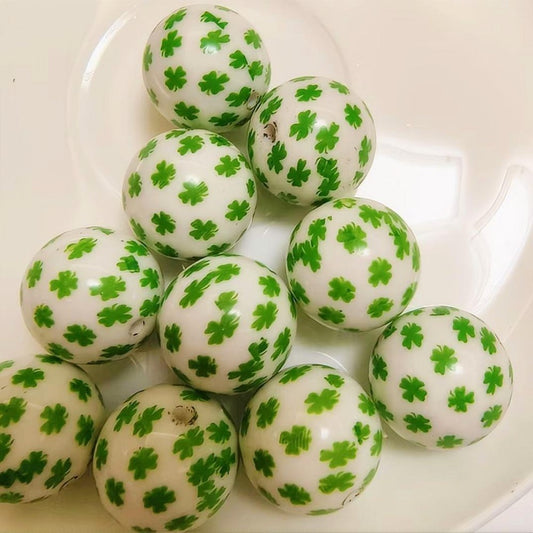 Printed Bubblegum Beads 20mm St. Patrick's Day Shamrock Green 10pcs