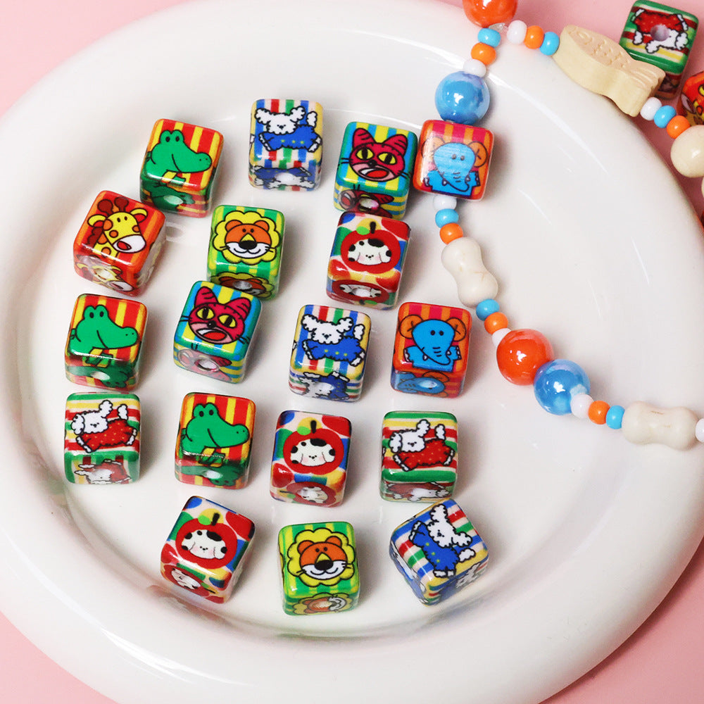 Cheerful Cartoon Animal Printed Acrylic Square Beads 13mm 20pcs