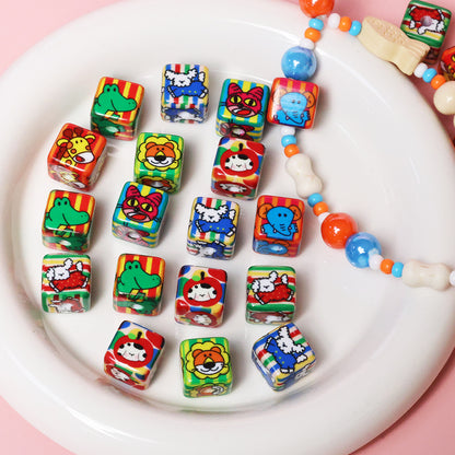 Cheerful Cartoon Animal Printed Acrylic Square Beads 13mm 20pcs