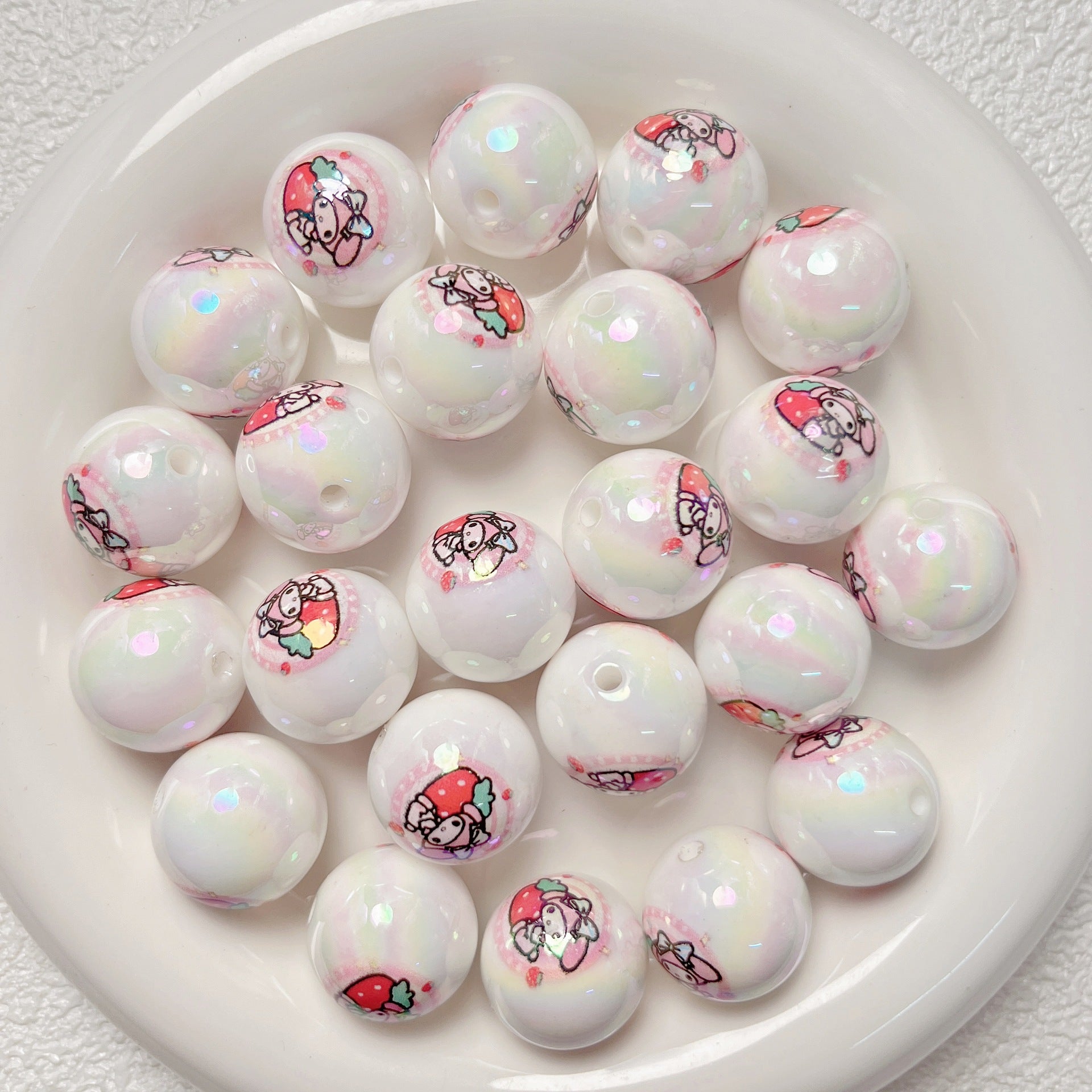 Plated Bubblegum Beads 19mm White Iridescent Sanri Character Prints 5pcs 10