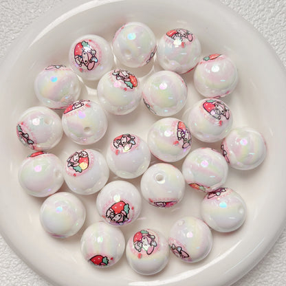 Plated Bubblegum Beads 19mm White Iridescent Sanri Character Prints 5pcs 10