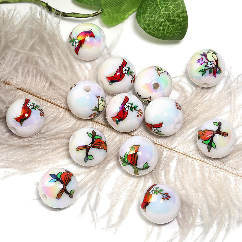 UV Plating Woodpecker Printed Acrylic Beads 16mm Round 50pcs 4
