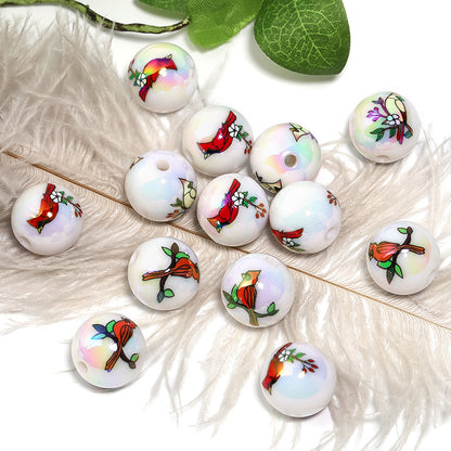 UV Plating Woodpecker Printed Acrylic Beads 16mm Round 50pcs 4