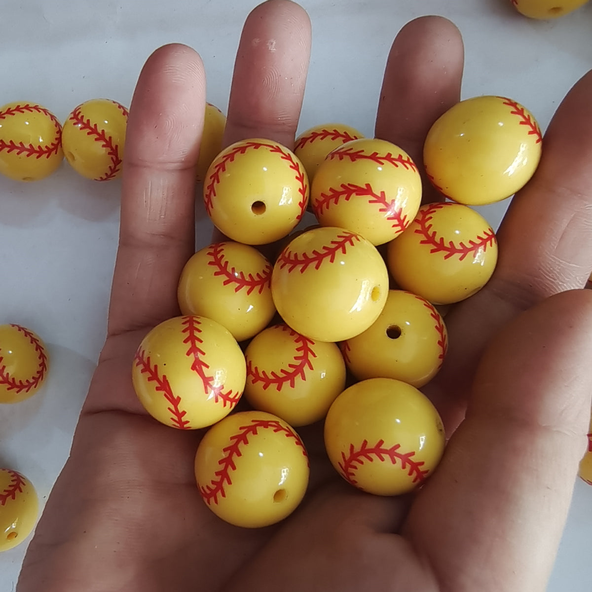 Sports Bubblegum Beads 20mm Yellow Baseball Print 10pcs 2