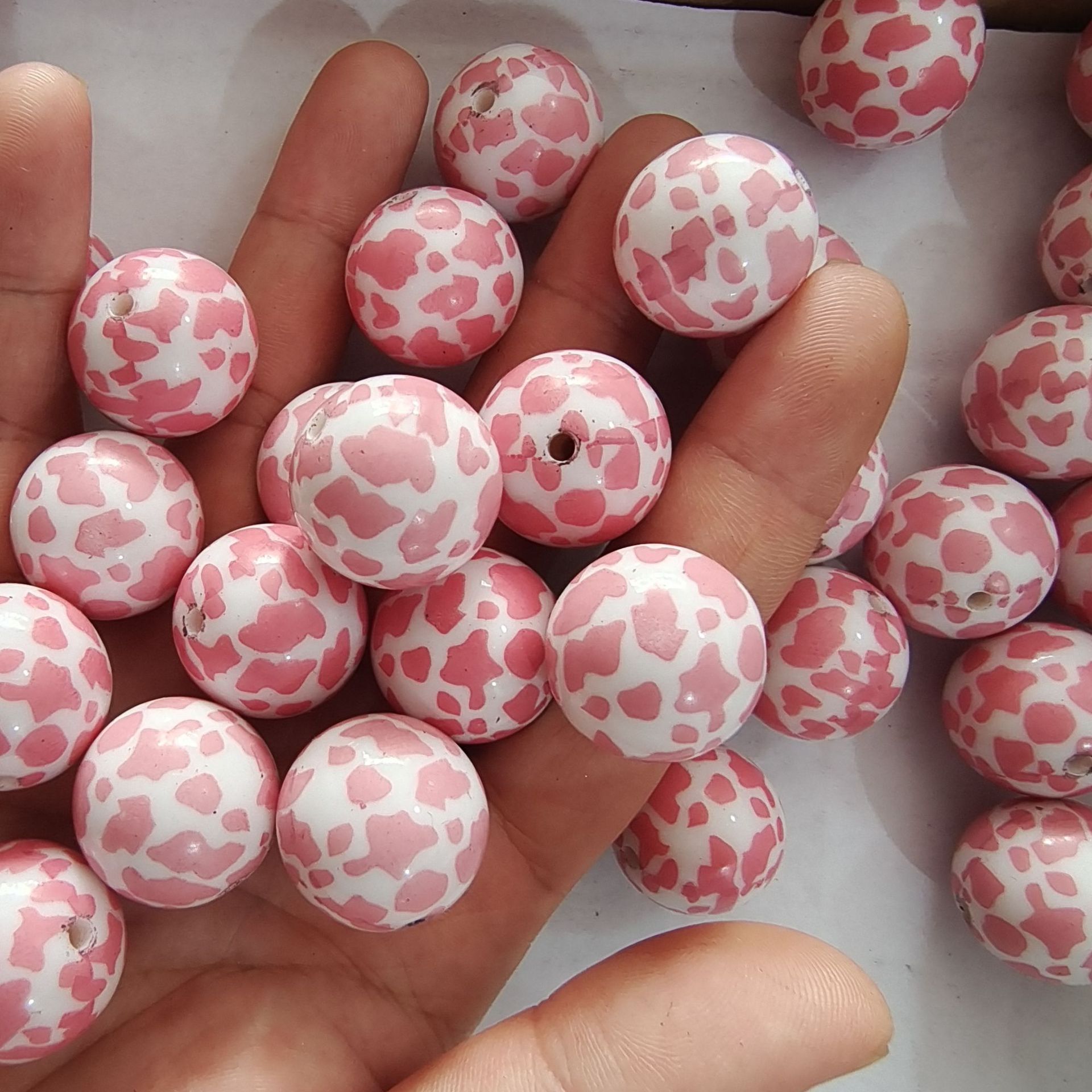 Printed Bubblegum Beads 20mm Pink Cow Pattern Chunky 10pcs 2