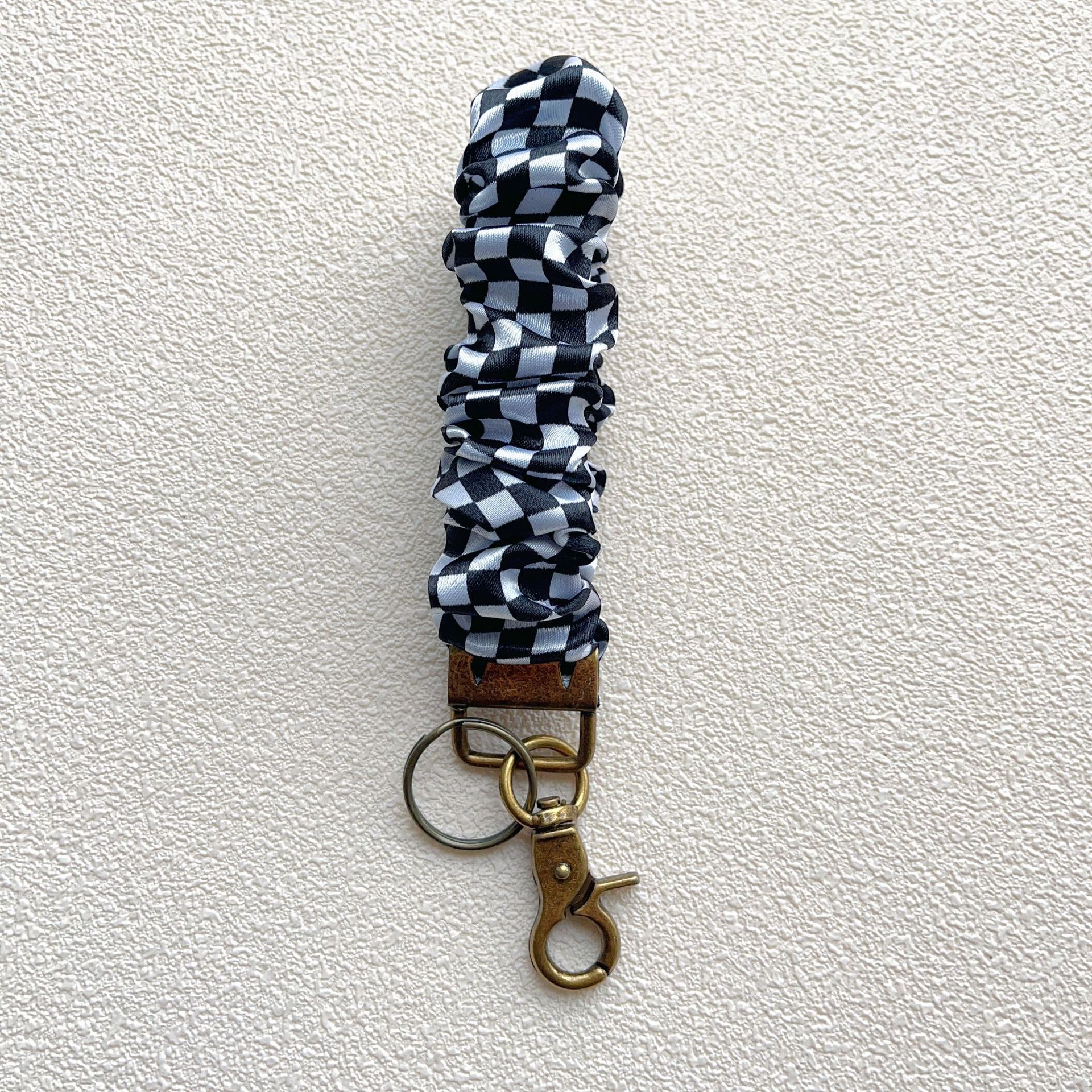 Plaid and Dotted Fabric Scrunchie Keychain with Vintage Brass Clasp 2pcs 7