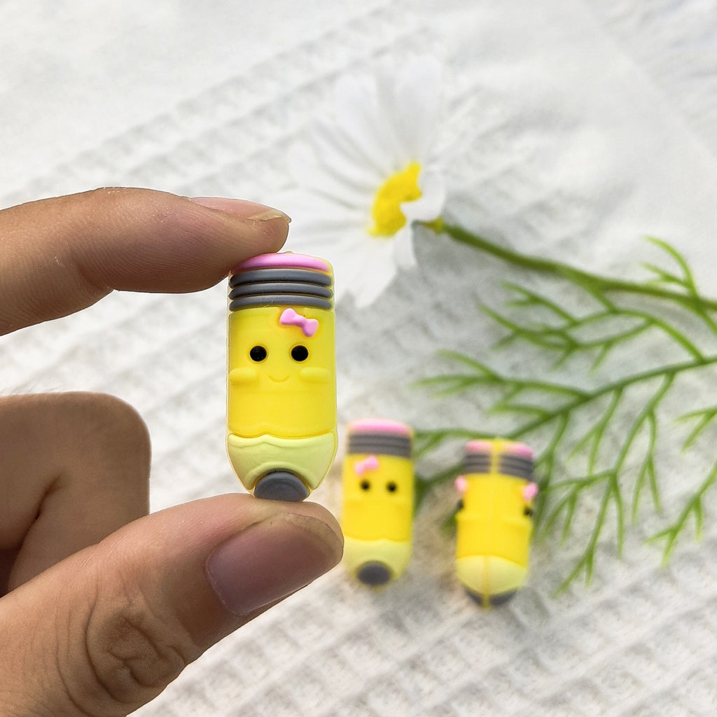 Silicone 3D Focal Beads Pencil Smiling Face With Pink Bow 20pcs 3