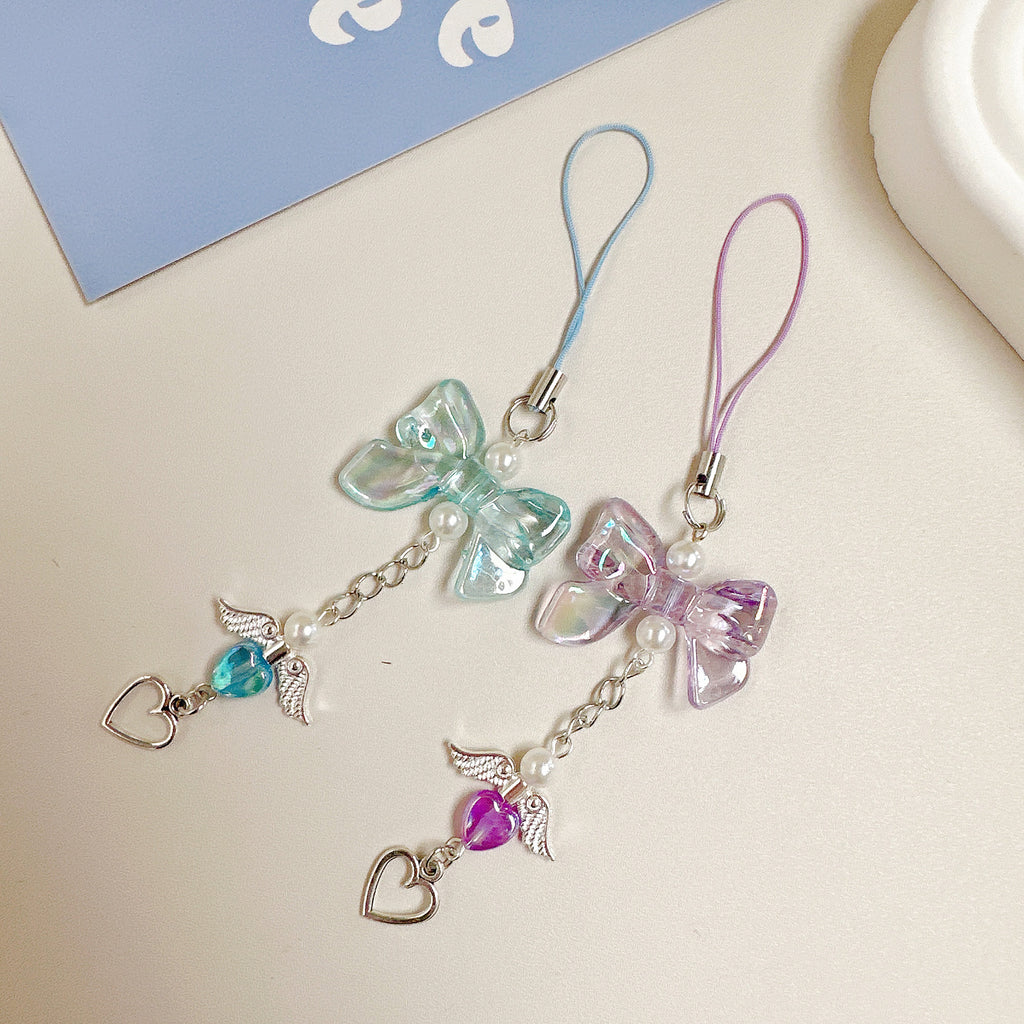 Acrylic Angel Wing Phone Charm Pastel Bow Pendant 4pcs 13cm 3