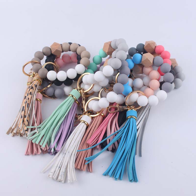 Octagonal Silicone Bead Wristlet Keychain Matte Beech Wood Tassel 4