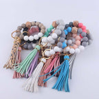 Octagonal Silicone Bead Wristlet Keychain Matte Beech Wood Tassel 4