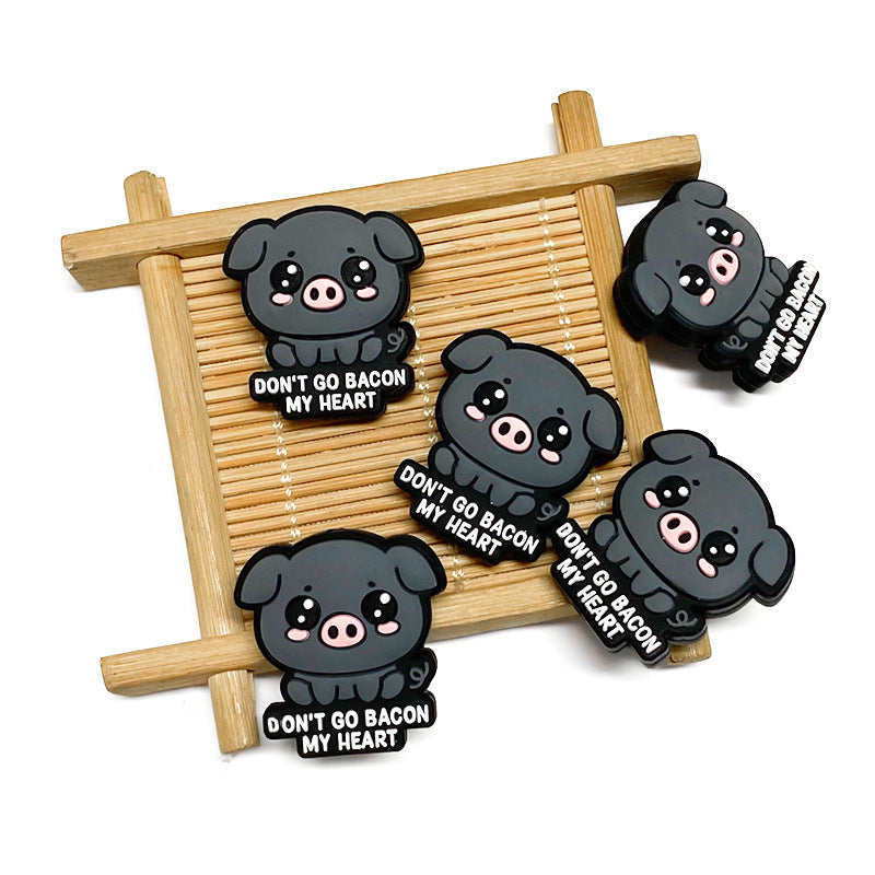 Silicone Focal Beads Black Pig With Don Go Bacon My Heart Text 20pcs 3