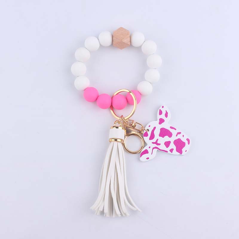 Silicone Beaded Wristlet Keychain with Leather Tassel and Cow Print Charm 11