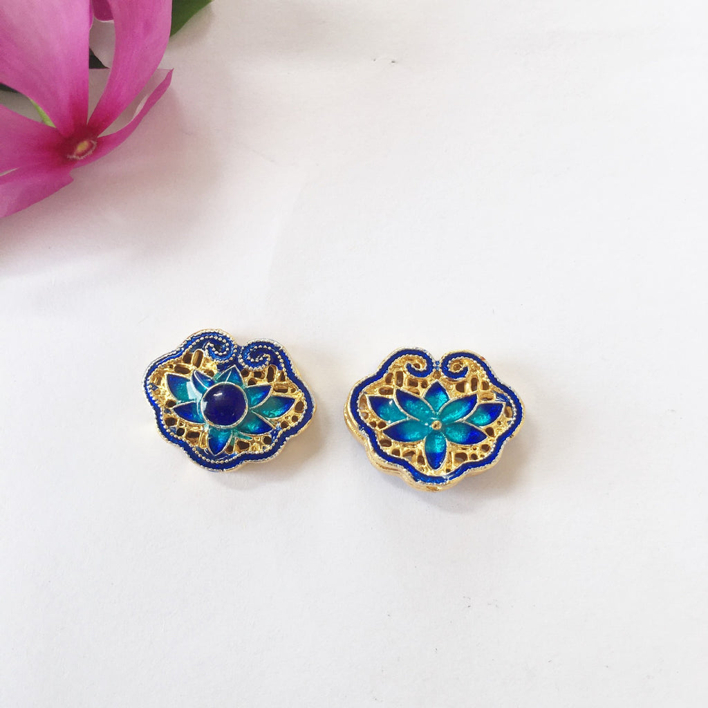 Cloisonne Metal Beads 20mm Lotus Pattern Enamel Lake Blue 25pcs 2