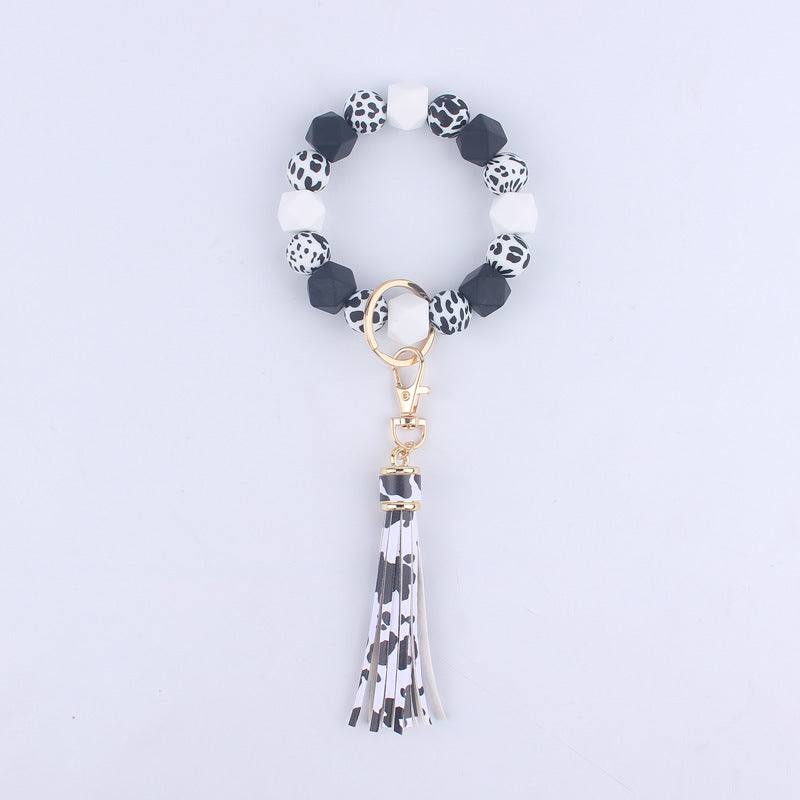 Leopard Print Silicone Bead Tassel Wristlet Keychain 13