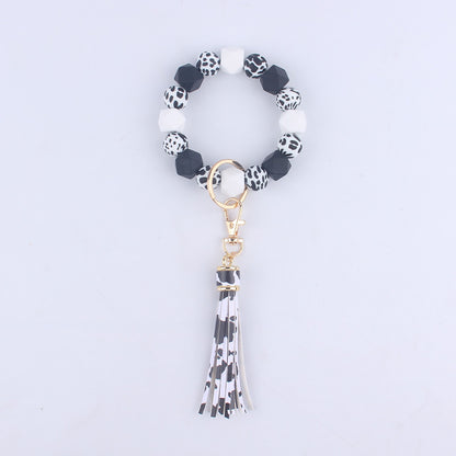 Leopard Print Silicone Bead Tassel Wristlet Keychain 13