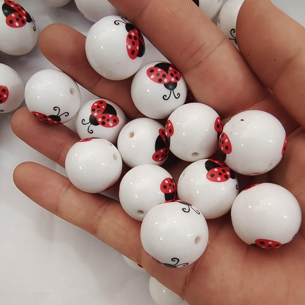 Printed Bubblegum Beads 20mm Ladybug Design Red 5pcs 2