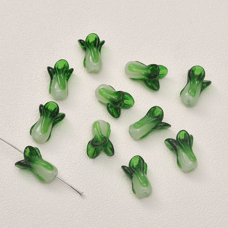 Lampwork Glass Beads 3D Bok Choy Shape Glossy Green White 20pcs 3