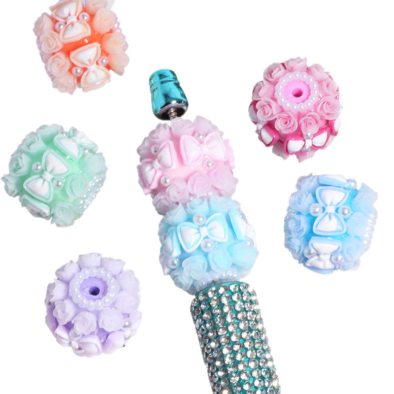 Floral Bubblegum Beads 20mm Bow Rose Cluster Polymer Clay 5pcs 5