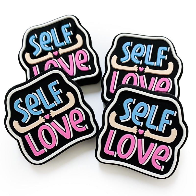 Silicone Focal Beads Self Love Colorful Lettering Black Background 20pcs 3