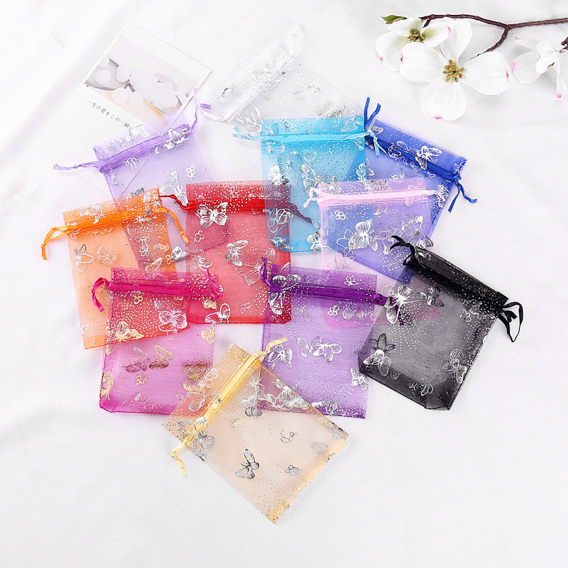 Organza Drawstring Bags Silver Butterfly Print 11x16cm 100pcs