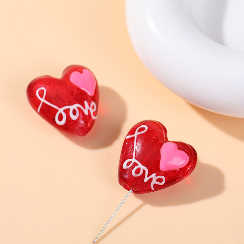 Hand Painted Heart Glass Beads 20mm Red Enamel 2pcs 8