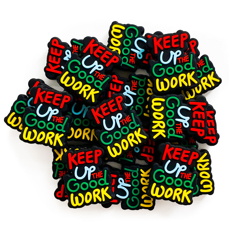Silicone Focal Beads Keep Up the Good Work Colorful Letters Black Base 20pcs 2