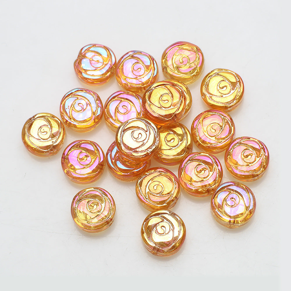 Rose Plated Glass Beads 10mm Glossy Spiral Floral Design 30pcs 9