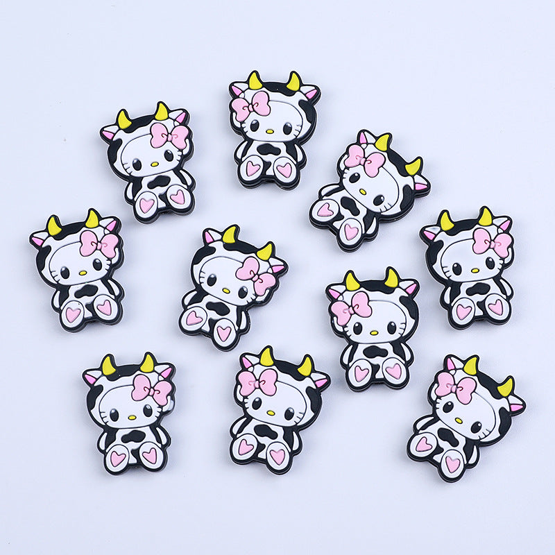Silicone Focal Beads Cow Sitting Pose Yellow Horns Pink Bow 20pcs 2