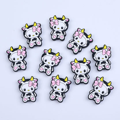 Silicone Focal Beads Cow Sitting Pose Yellow Horns Pink Bow 20pcs 2
