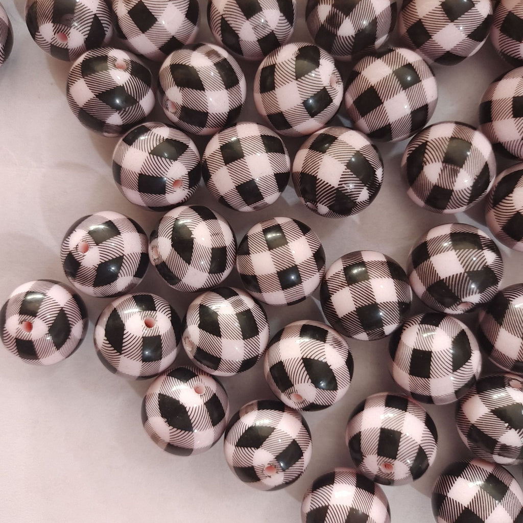 Printed Bubblegum Beads 20mm Black Pink Buffalo Check Pattern 10pcs