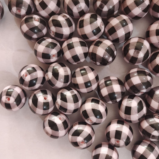 Printed Bubblegum Beads 20mm Black Pink Buffalo Check Pattern 10pcs