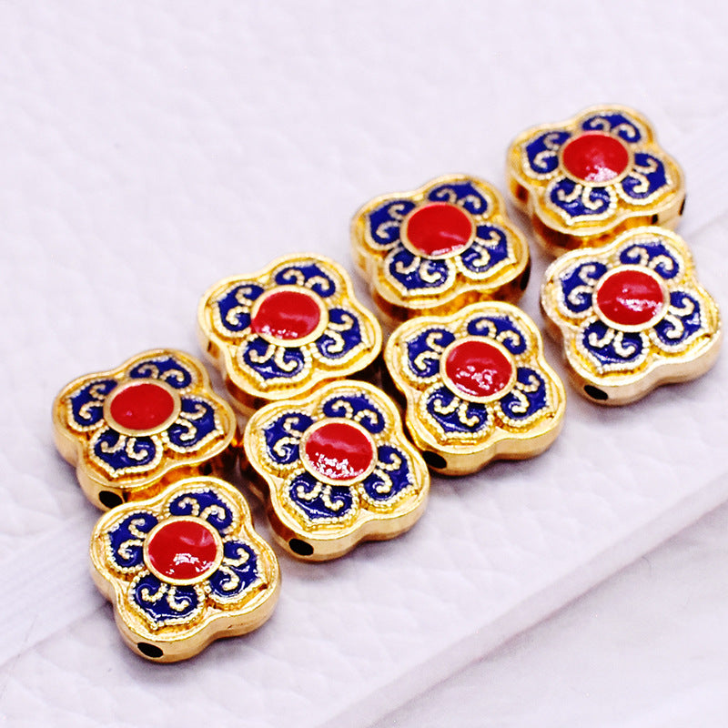Cloisonne Clover Metal Beads 14mm Golden Blue Red 10pcs 4
