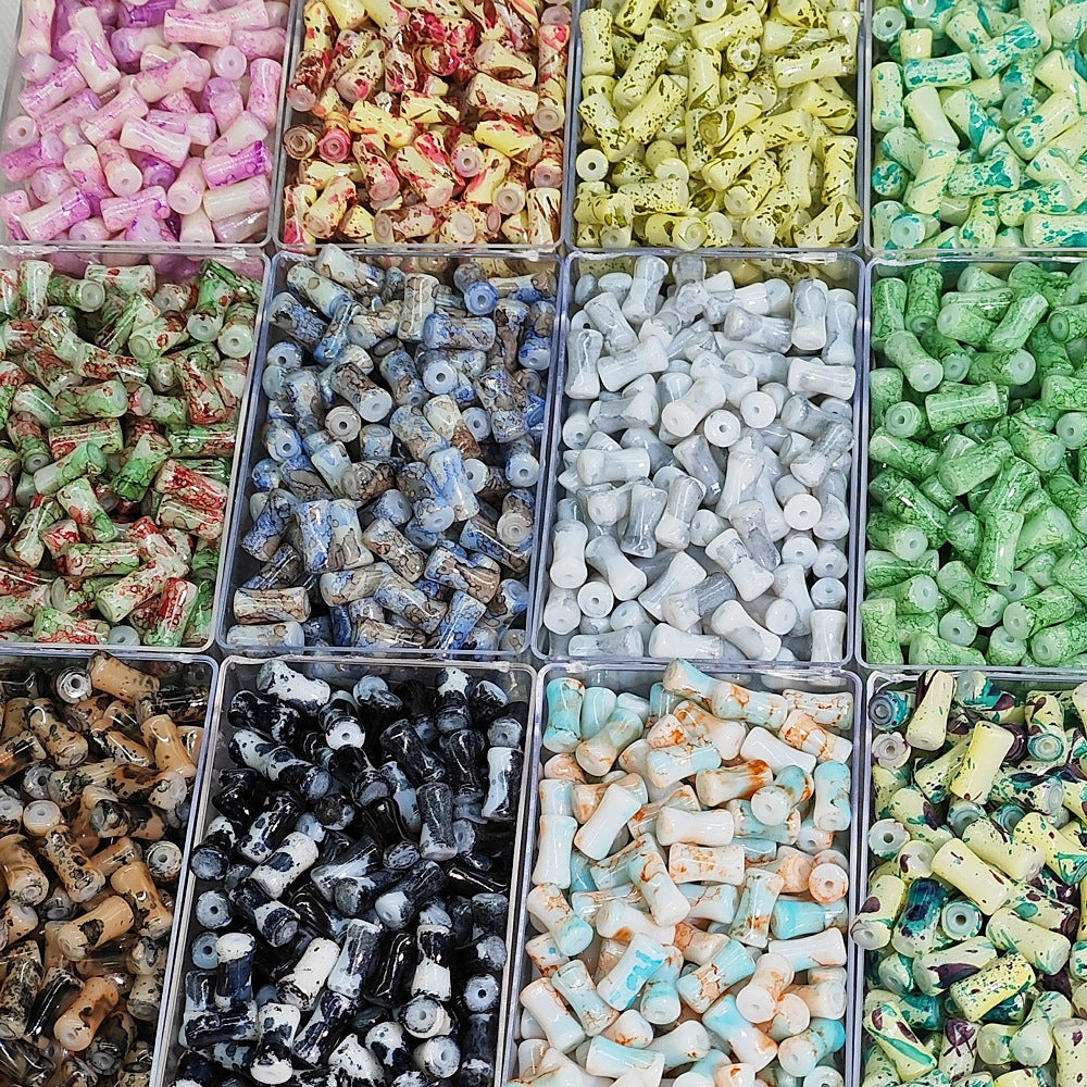 Painted Bamboo Tube Glass Beads 6X12mm Marbled Earth Tone 50pcs 2