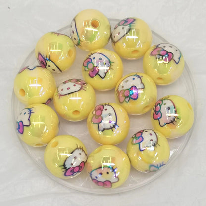 UV Plating Round Acrylic Beads 16mm Hello Kitty Printed 100pcs 11