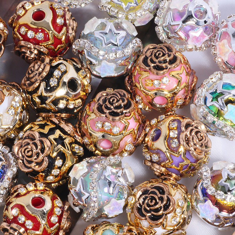 Embellished Bubblegum Beads 19mm Antique Gilded Rose Rhinestone 5pcs 2