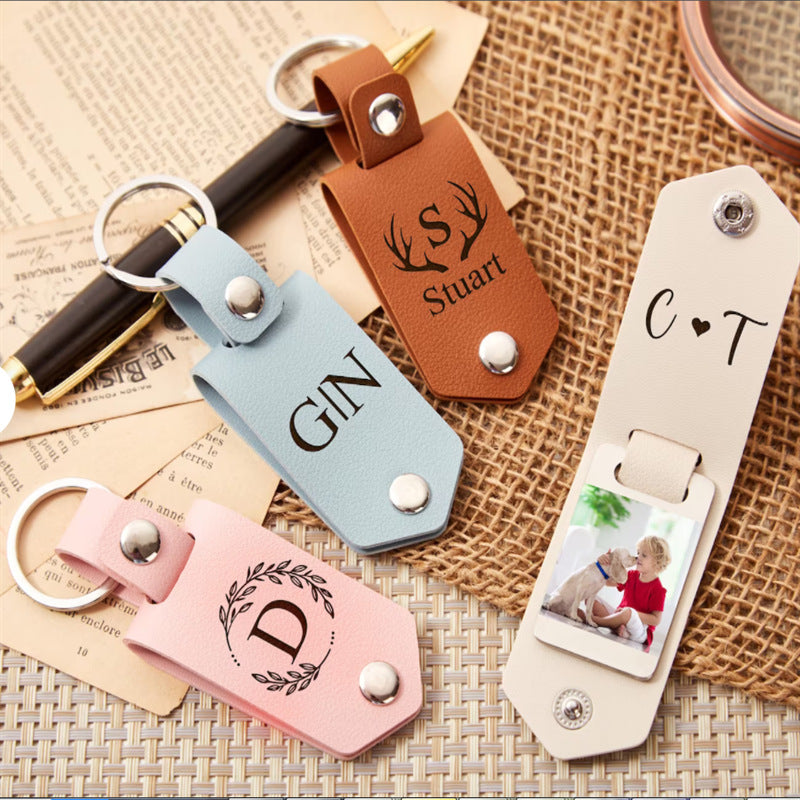 PU Leather Blank Sublimation Photo Keychain Brown Laurel Wreath Snap Closure 2