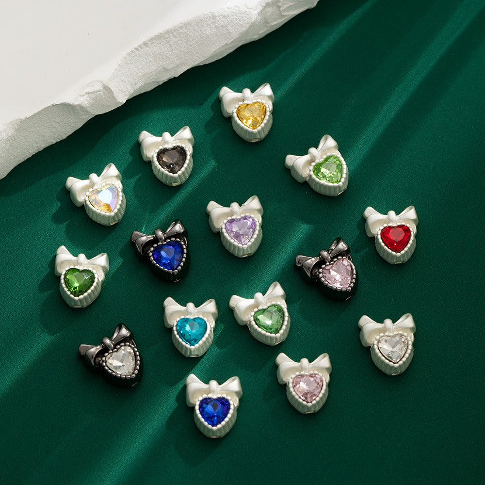 Heart Bow Metal Beads 13mm Rhinestone Accent 10pcs