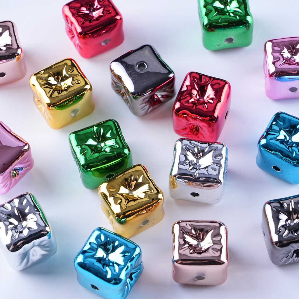 Metallic Balloon Concave Square Acrylic Beads 14mm Glossy 50pcs 5