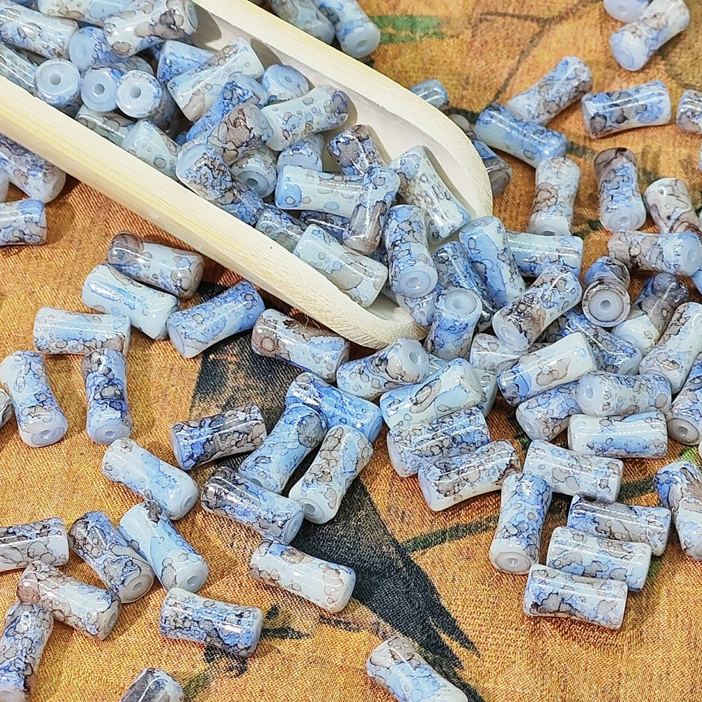 Painted Bamboo Tube Glass Beads 6X12mm Marbled Earth Tone 50pcs 13