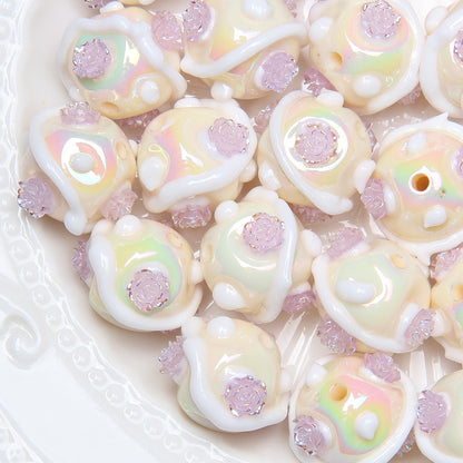 Painted Flower Acrylic Beads 16mm Round 14x18mm Square Purple Hand Painted 1pc 9