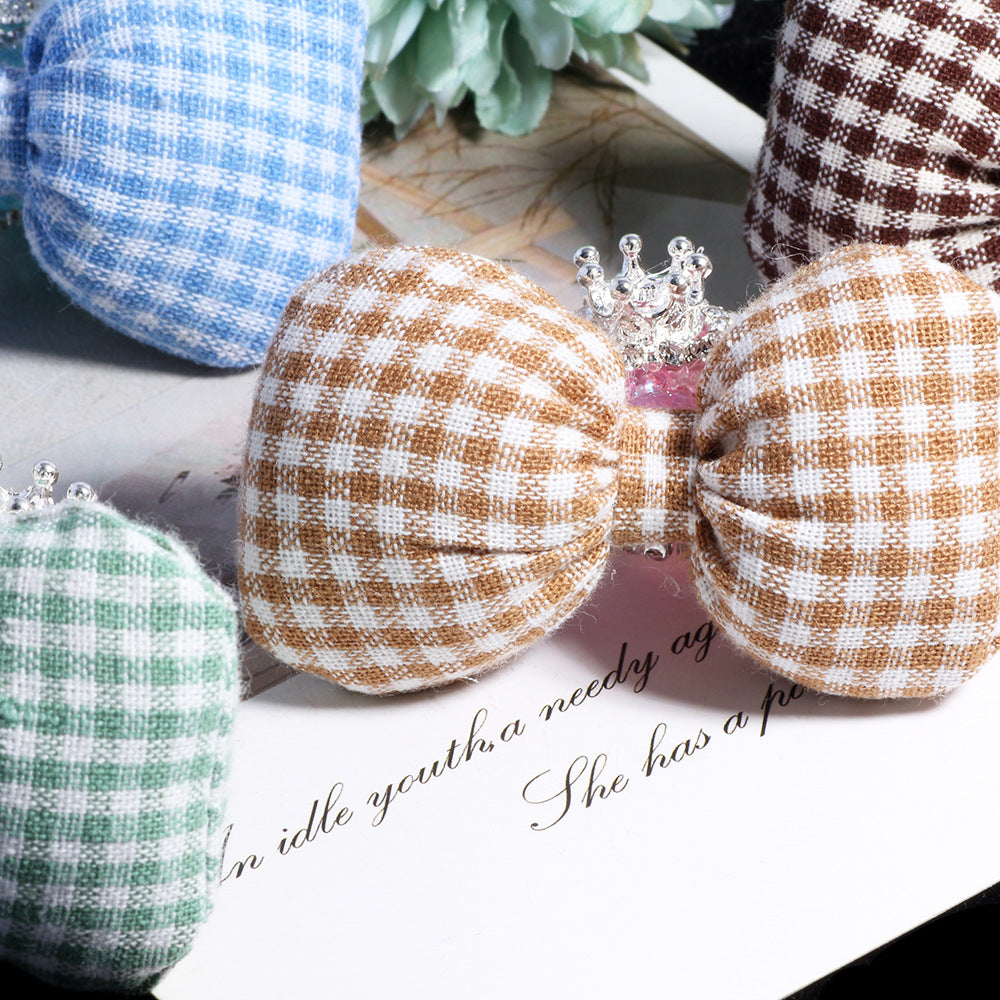 Plaid Bow Fabric Beads Wholesale, Gingham Crown Pearl Center, 35mm