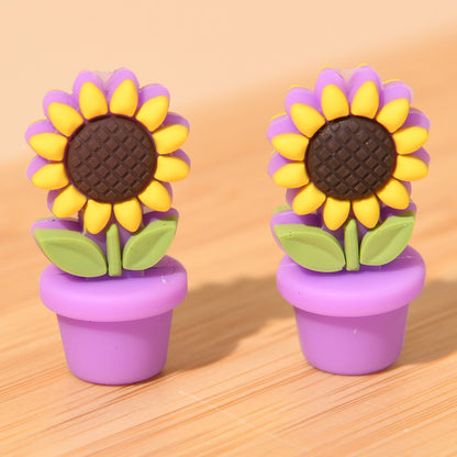 Silicone Focal Beads Sunflower Flowerpot Brown Pot Yellow Flower 20pcs 11