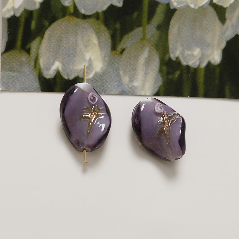 Lampwork Glass Beads Leaf 22mm Handmade Distressed Curled 4pcs 12