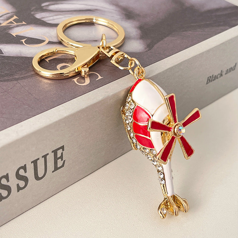 Metal Rhinestone Helicopter Keychain Gold Red Blades 3