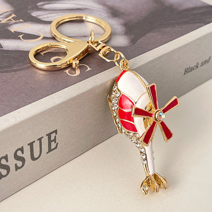 Metal Rhinestone Helicopter Keychain Gold Red Blades 3