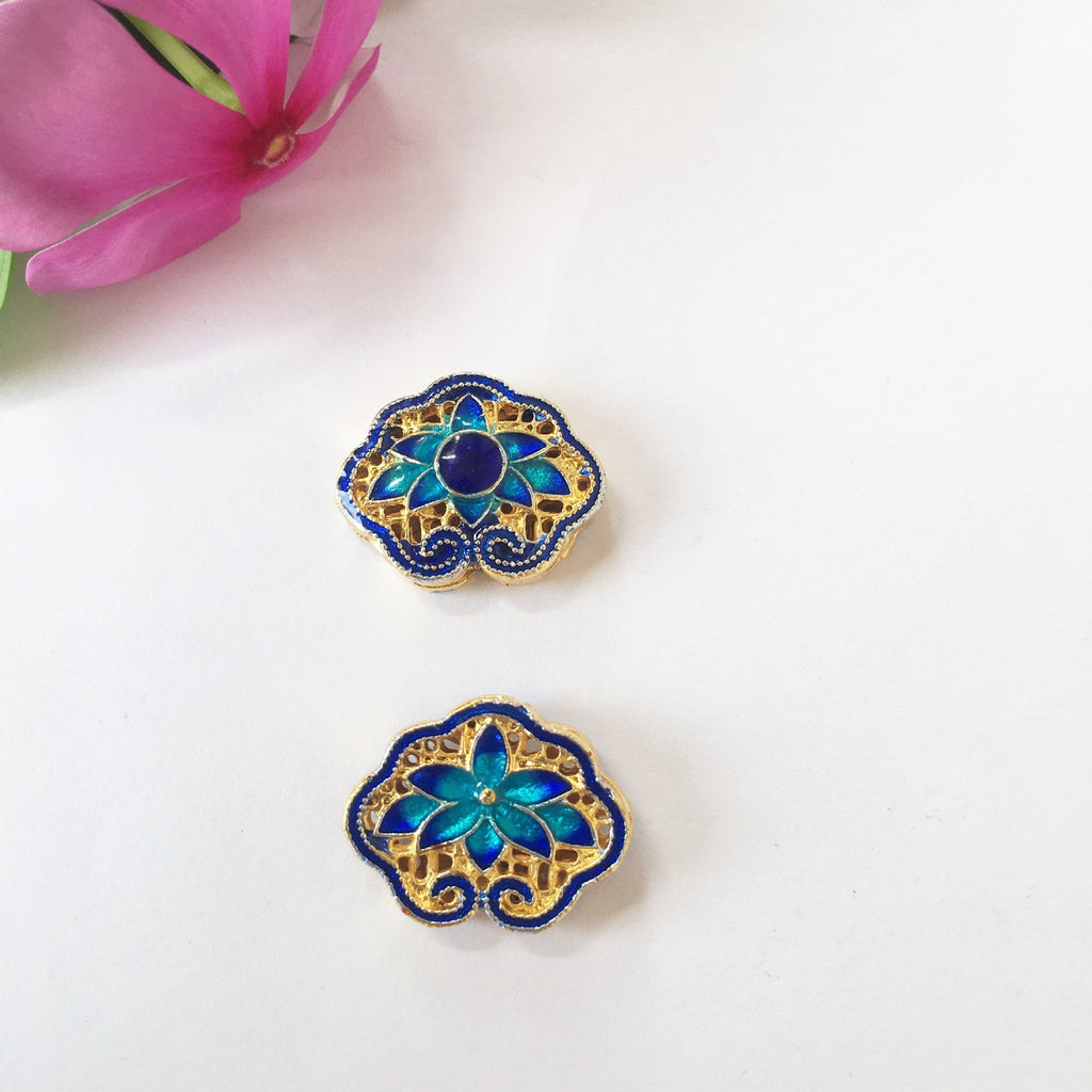 Cloisonne Metal Beads 20mm Lotus Pattern Enamel Lake Blue 25pcs 5