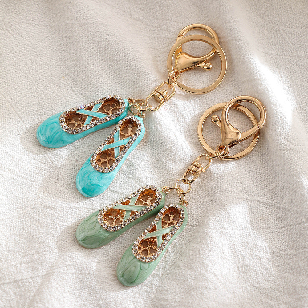 Alloy Ballet Shoes Keychain Marbled Turquoise Rhinestone Hearts 2